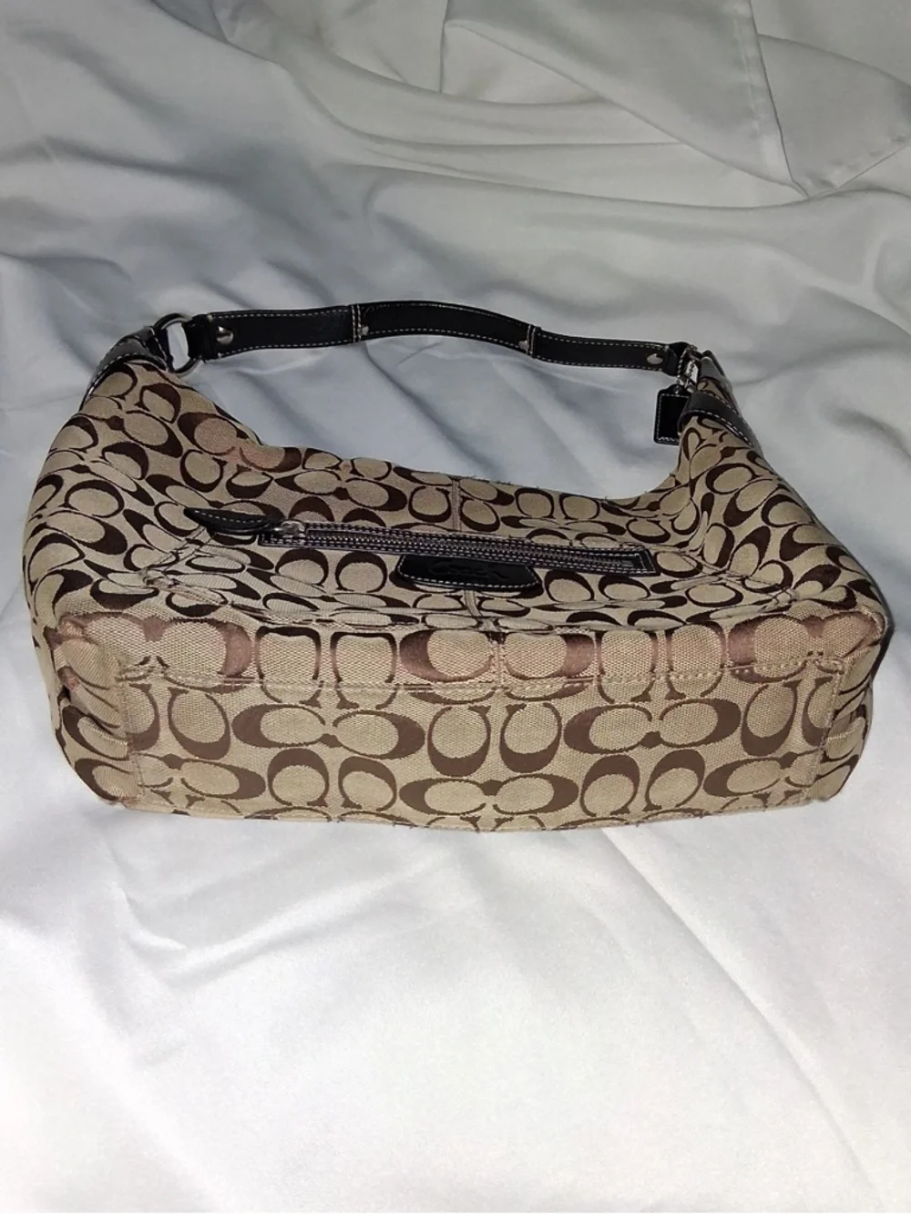 COACH Penelope Signature Hobo Canvas Bag Tan Brown with Black Handle and Trim